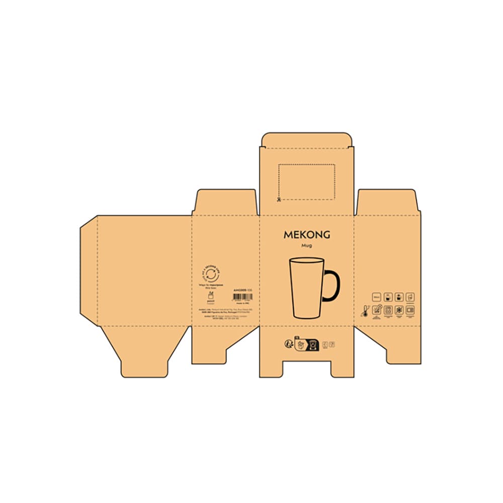 A designed packaging box for a 310ml ceramic mug, featuring a handle and a simple logo. It is in a tan colour.