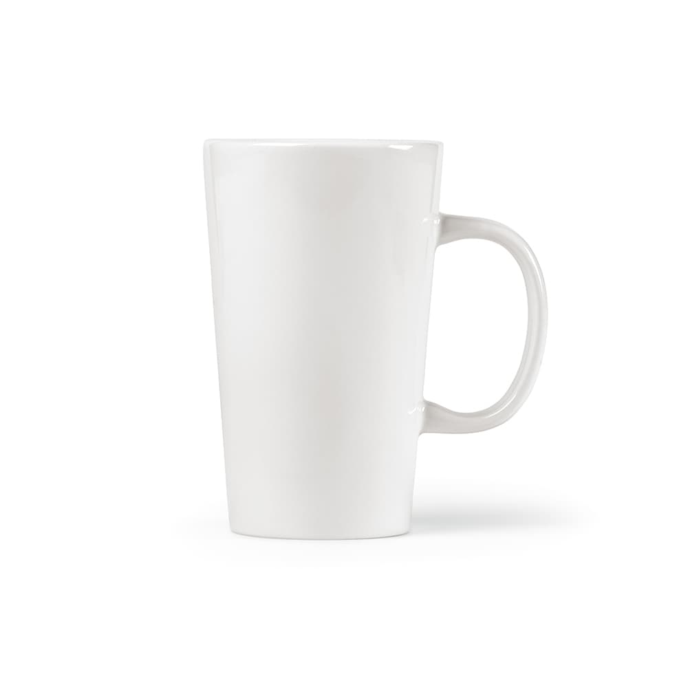 A white ceramic mug with a tall, slender design and a sturdy handle, featuring a logo. Holds 310ml.