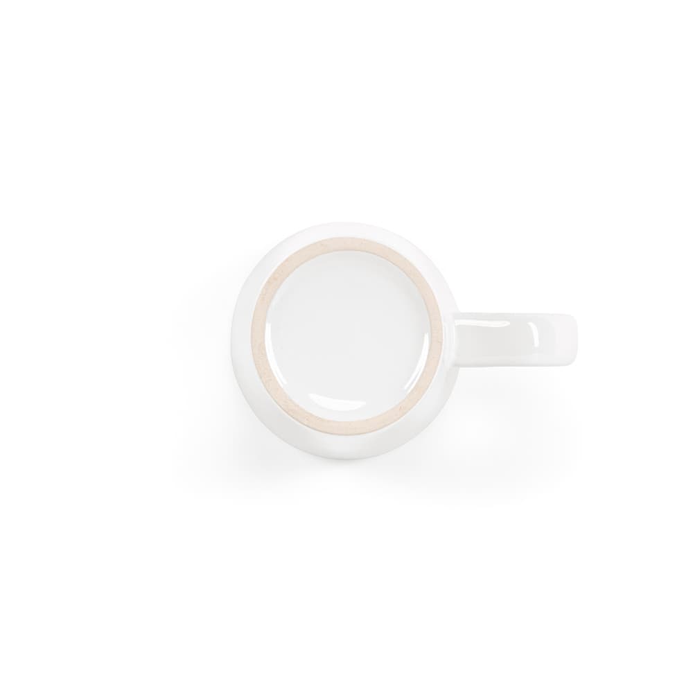 A ceramic coffee mug in white with a natural wood accent on the base and a handle. It features a smooth, glossy finish.