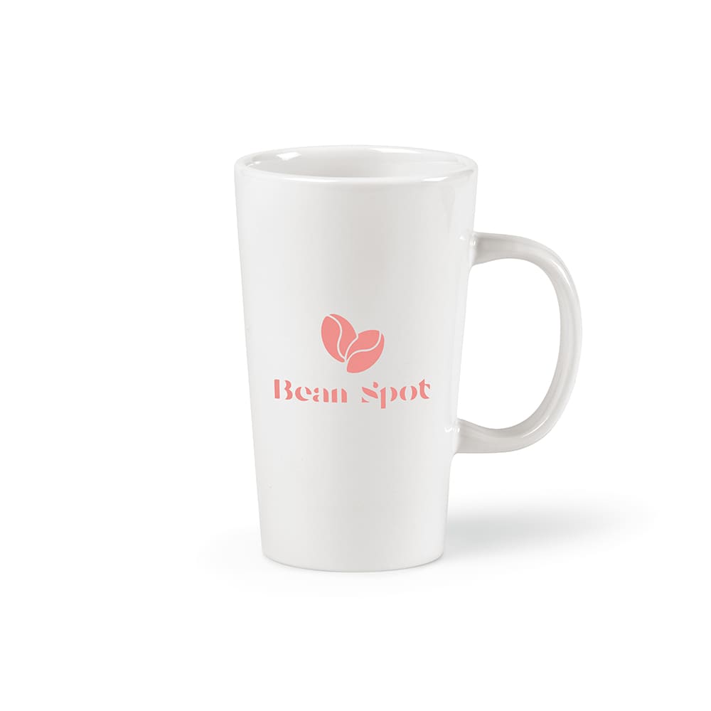 A ceramic mug in white featuring a logo and pink lettering. Holds 310ml of liquid.