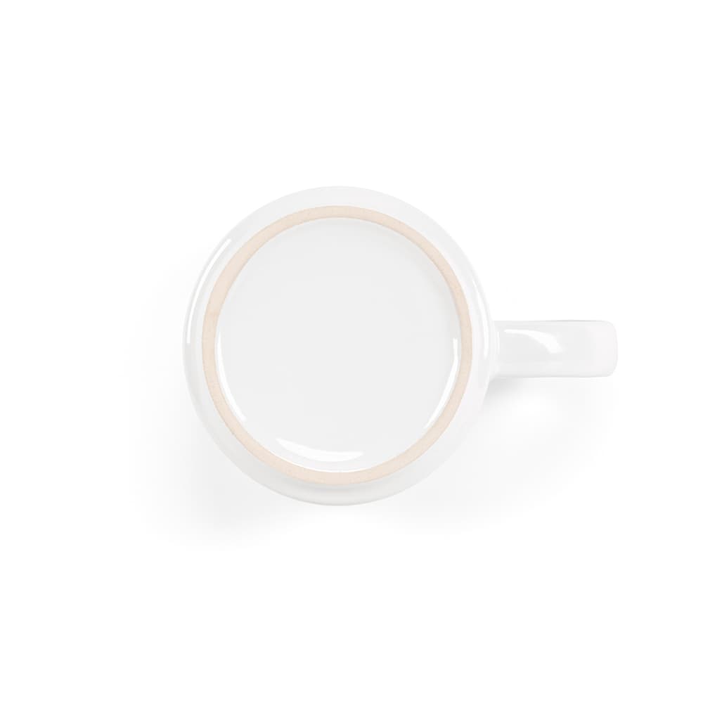 A ceramic mug in white with a plain finish and a light wooden base. It features a handle and is 490ml in size.