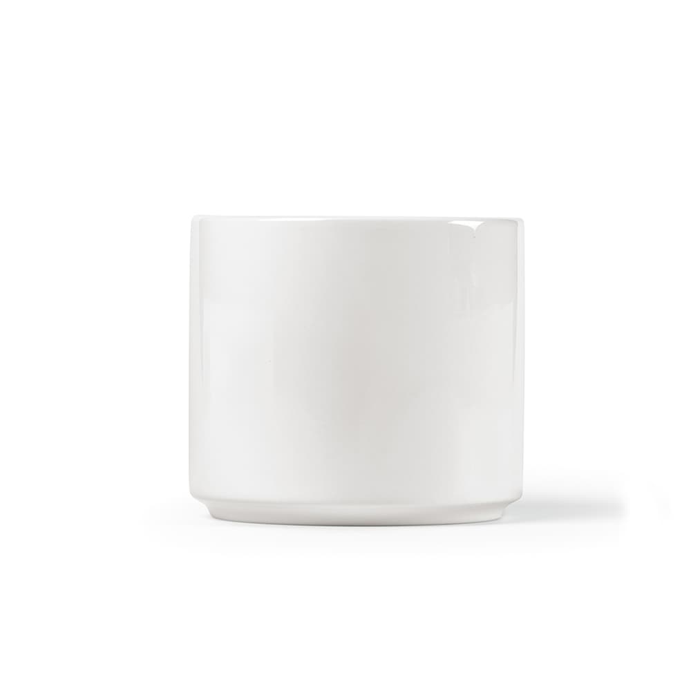 A ceramic mug in a glossy white finish, featuring a simple cylindrical design with a branding logo.
