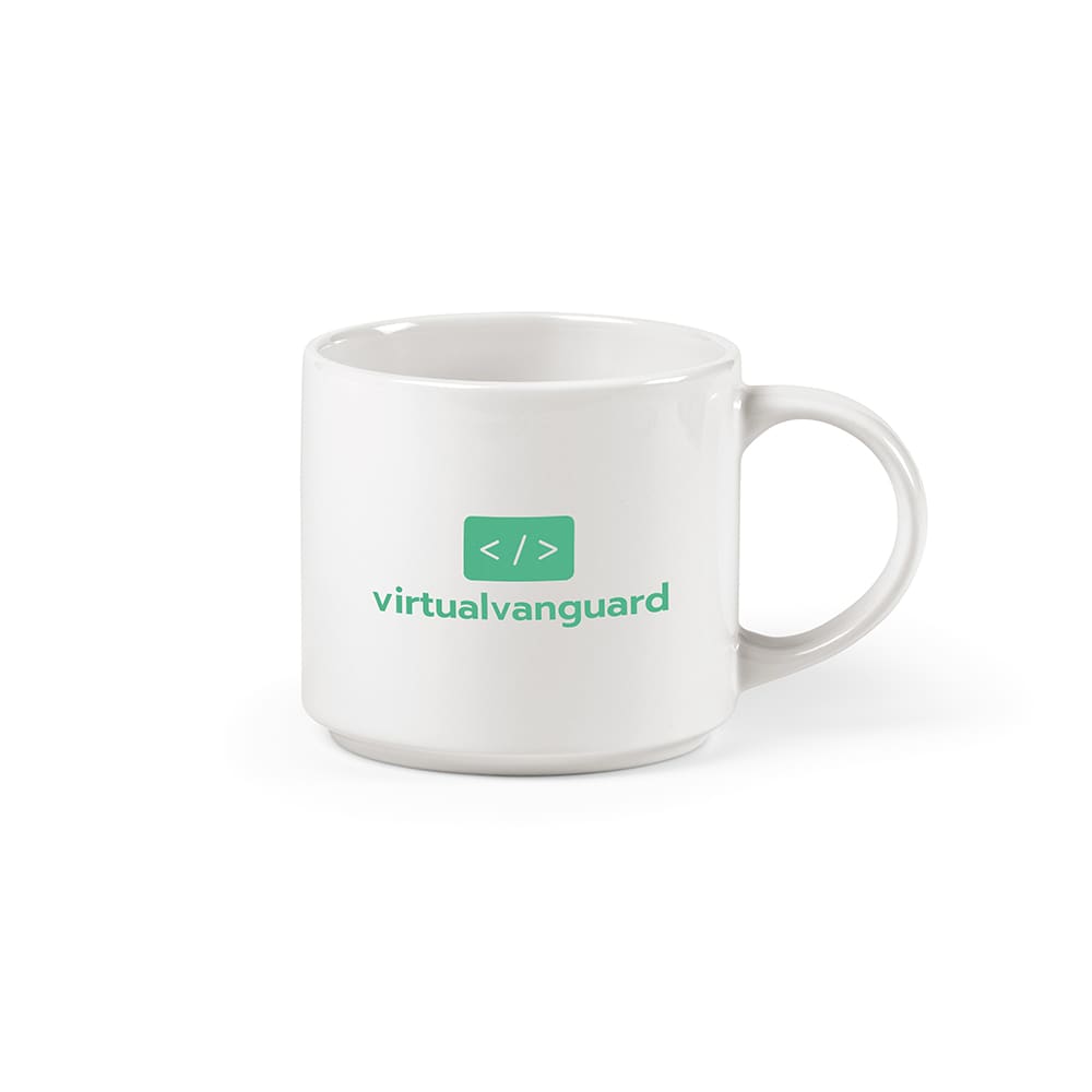 A ceramic mug in white with a green logo and text on the side, featuring a comfortable handle.