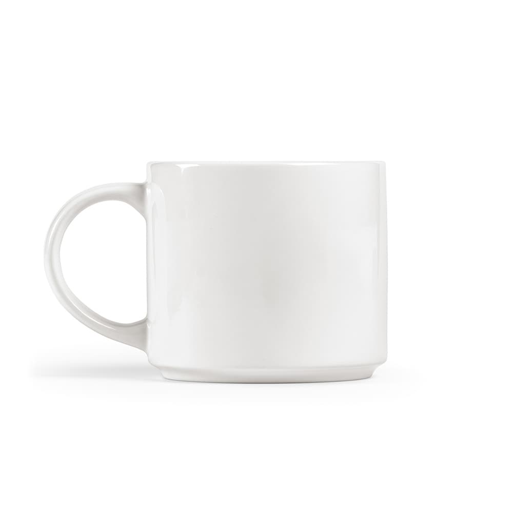 A ceramic mug in white, featuring a round body and a sturdy handle. It has a smooth surface and a branding logo.