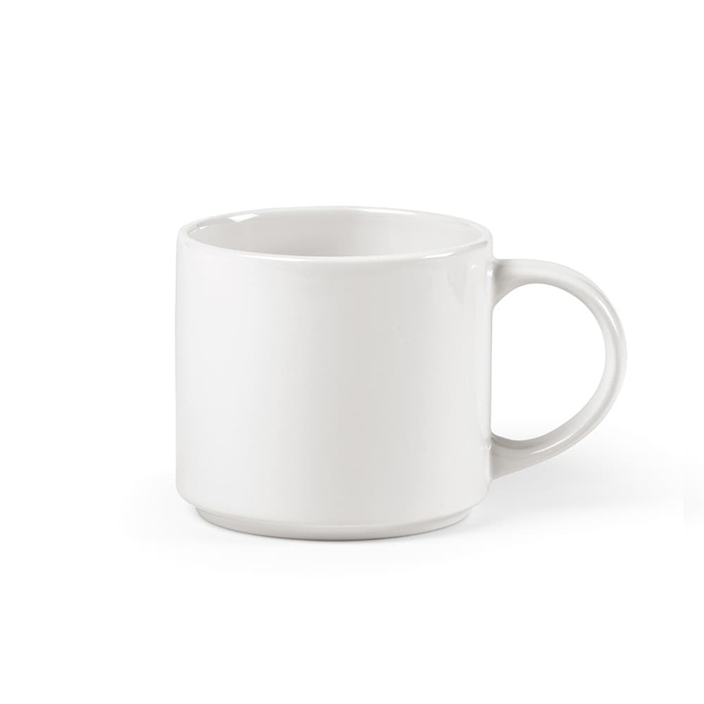 A ceramic white mug with a round body and a curved handle, holding 490ml of liquid. It features a simple design and has a logo.