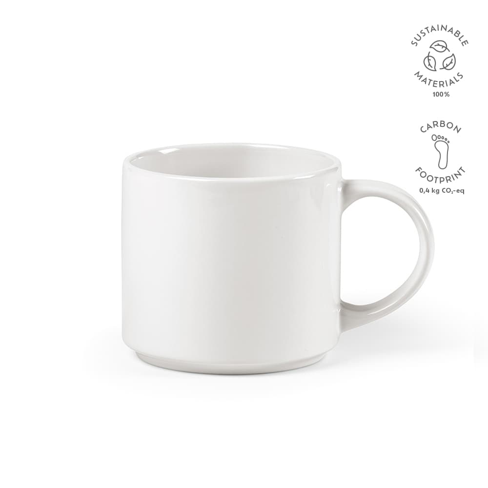 A ceramic mug in white, featuring a rounded design and a single handle, with a logo on the side.