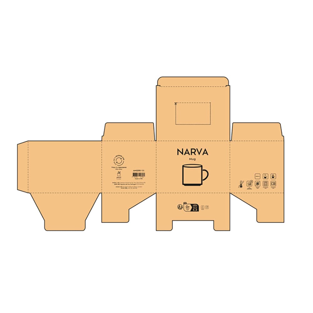 A cardboard box design for a 490ml ceramic mug in a neutral colour, featuring a logo.