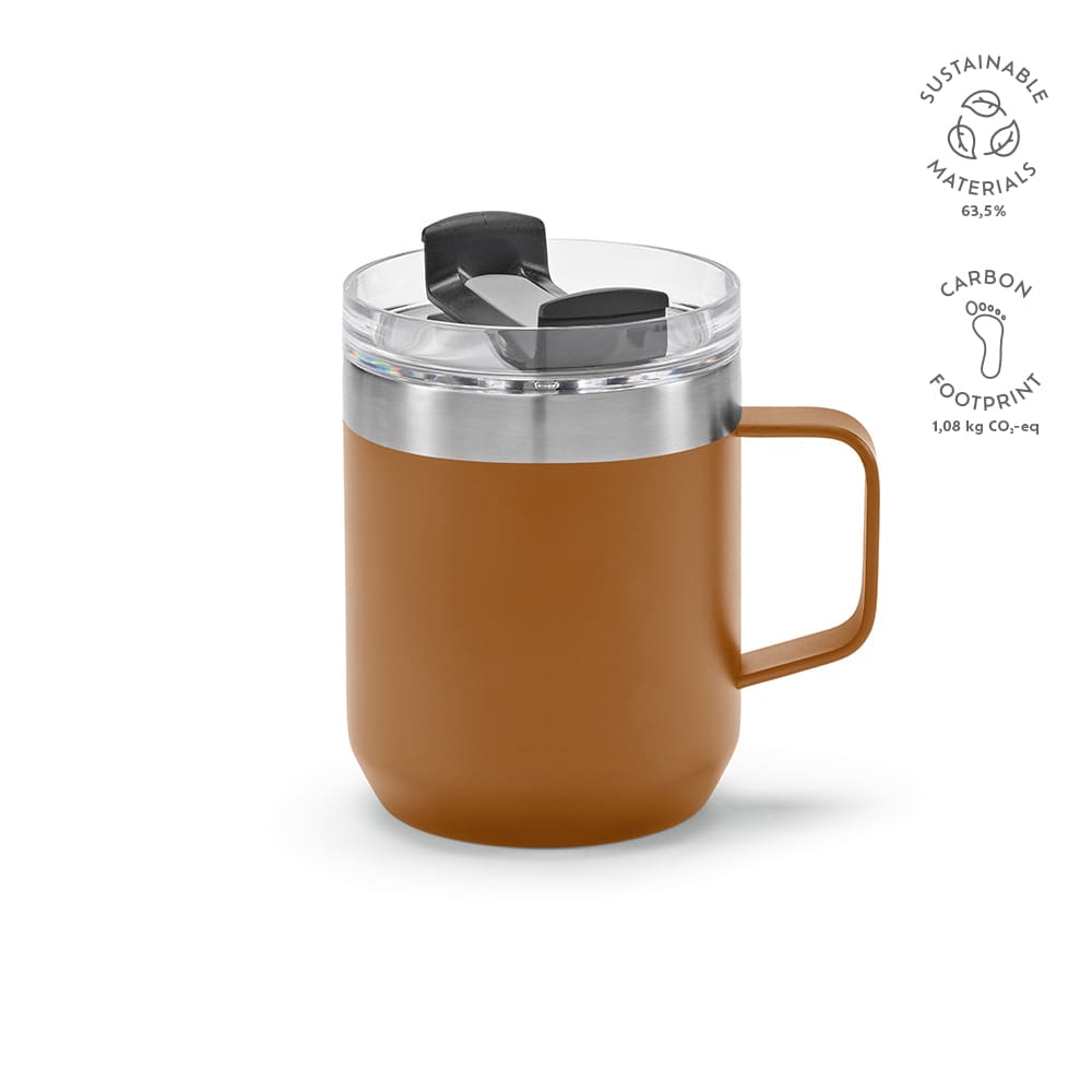 A drink bottle with a brown exterior, transparent lid, and a handle, featuring a logo. Double wall and rotating lid design.