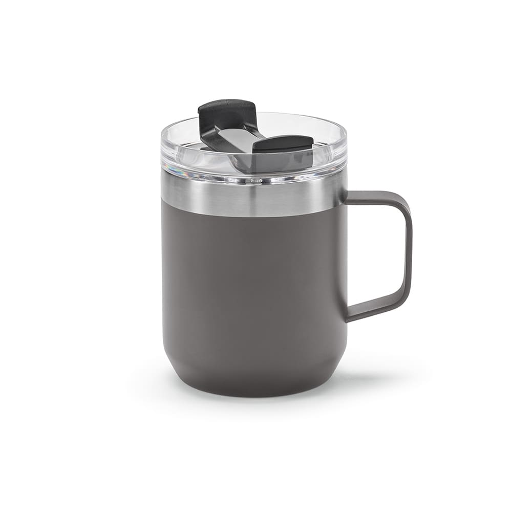 A drink bottle with a double wall, rotating lid, and a grey exterior. Features a black handle and lid.