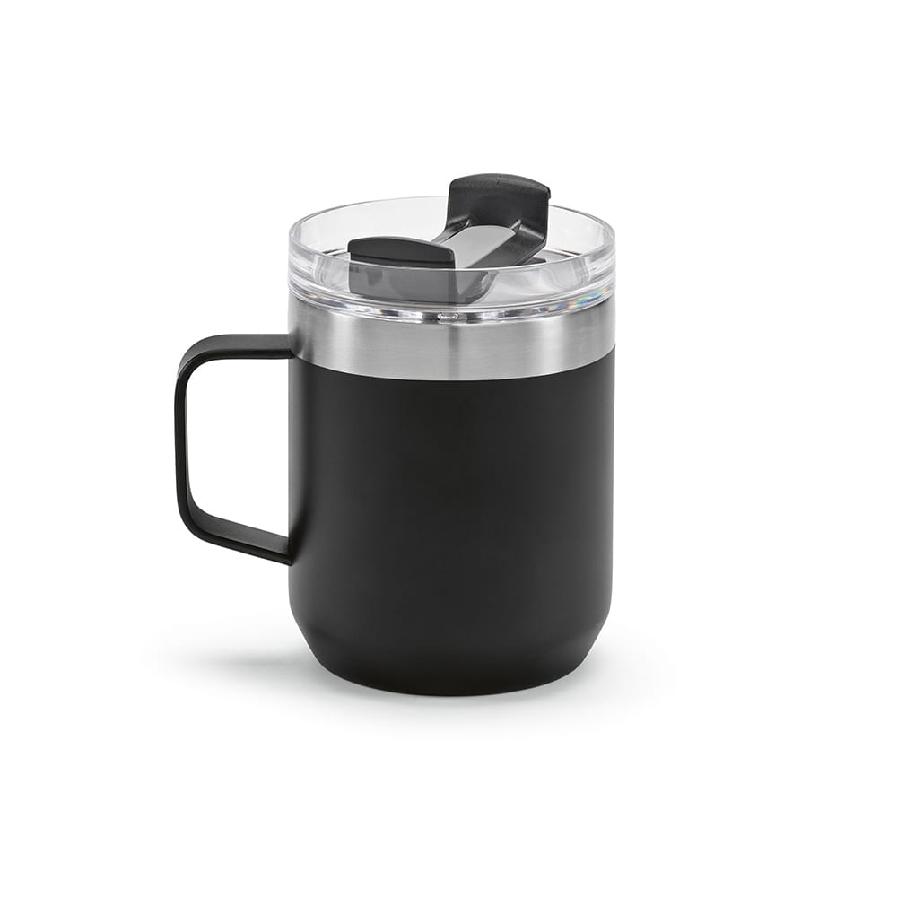 A drink bottle in matte black with a stainless steel band and a clear rotating lid, featuring a handle and a logo.