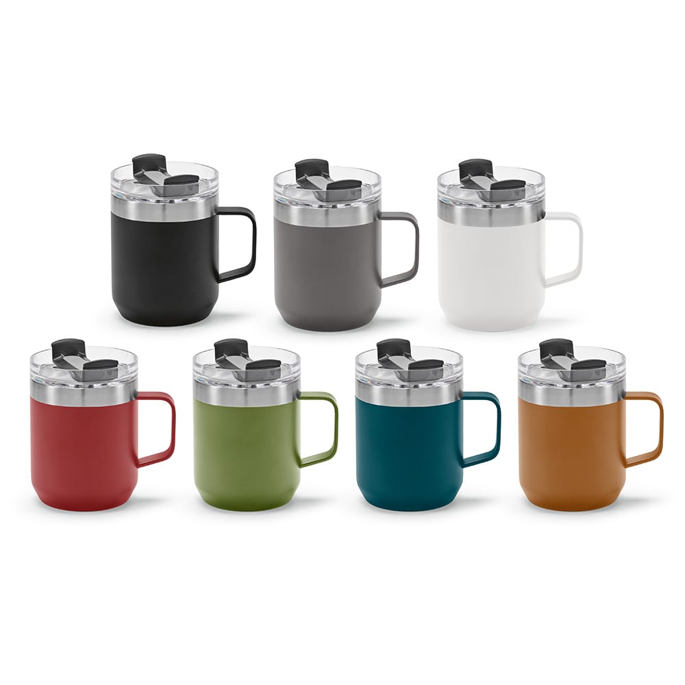 A drink bottle assortment featuring eight mugs in black, grey, white, red, green, teal, and brown with a double wall and rotating lid.