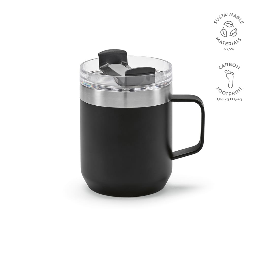 A drink bottle with a black body, double wall, rotating lid, and a clear top. It features a handle and branding.