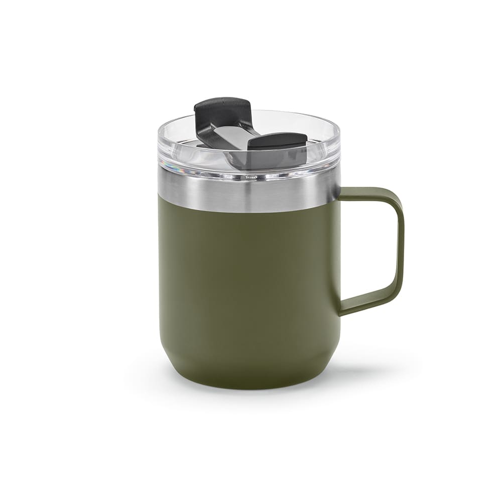 A drink bottle in olive green with a double wall, rotating lid, and a clear top. Features a handle and logo.
