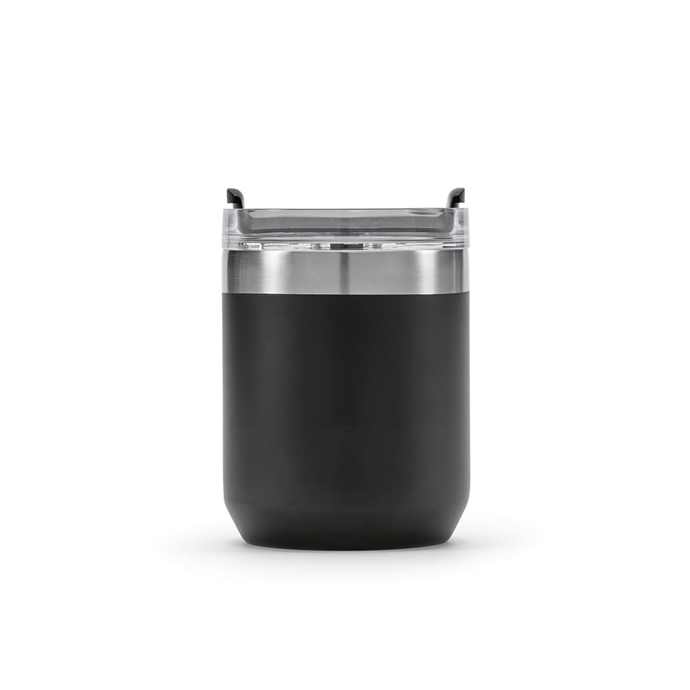 A drink bottle featuring a double wall design, rotating lid, and a sleek black exterior with a stainless steel top.
