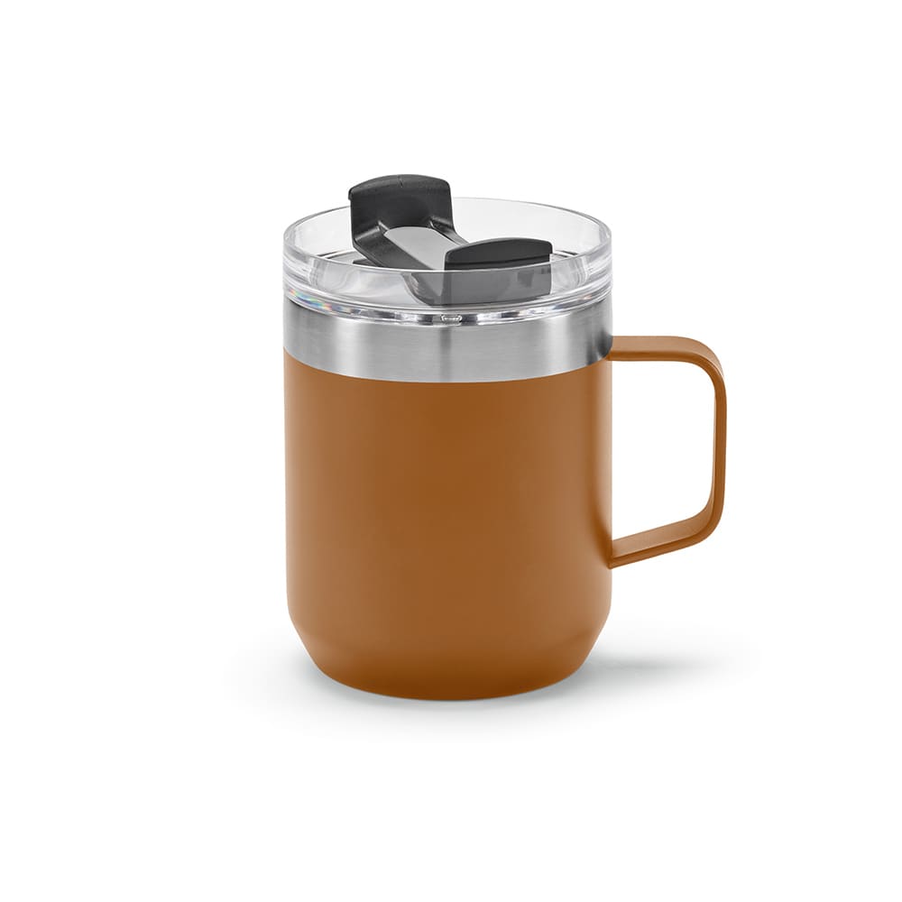 A drink bottle with a brown exterior, clear lid, rotating top, and a handle. Features include double wall insulation and a logo.