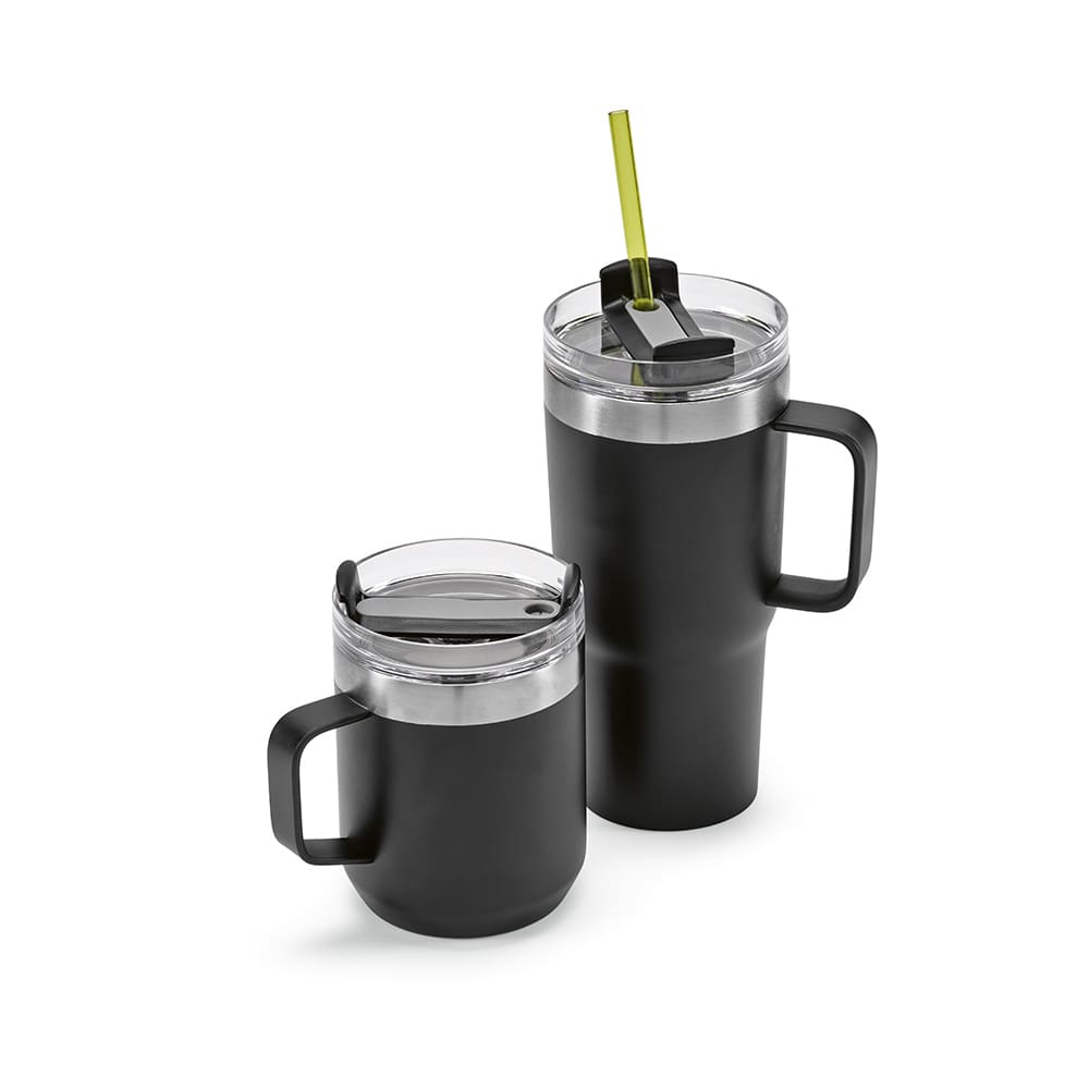 A drink bottle set featuring two double-walled mugs in black with transparent lids and coloured straws.