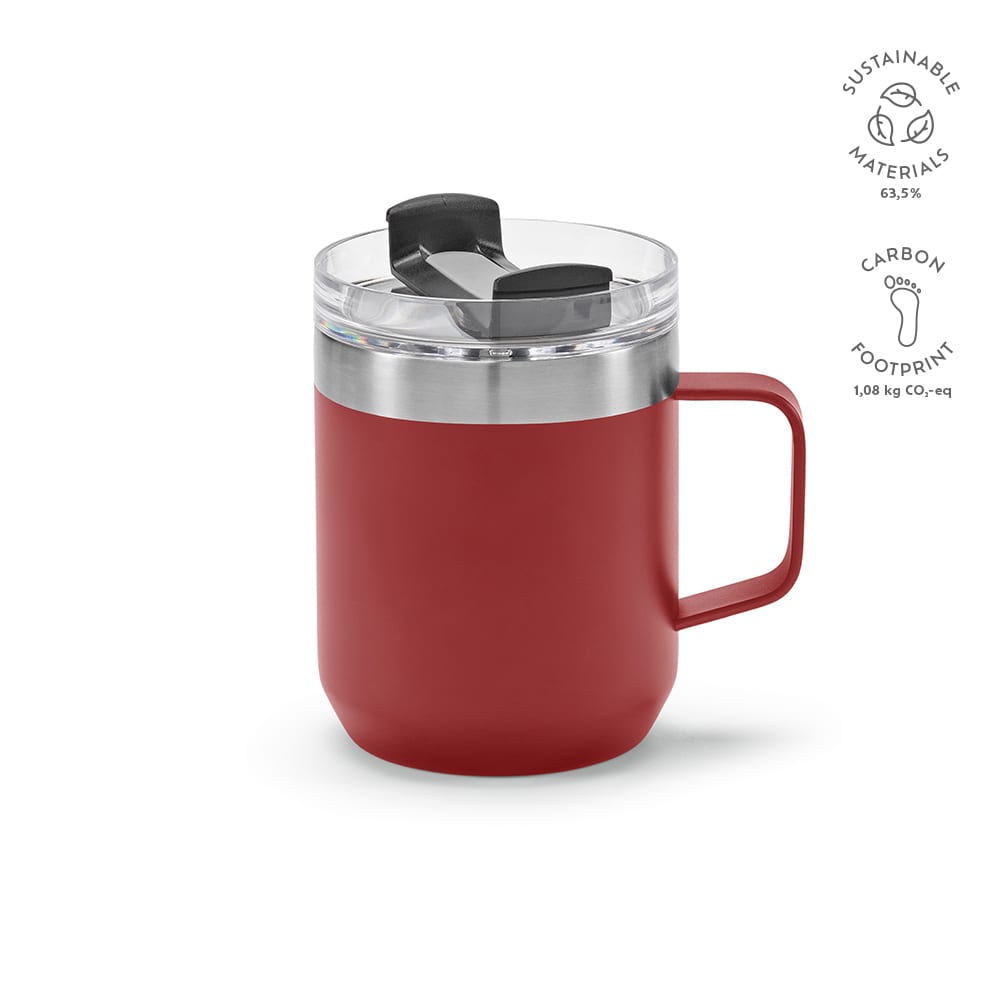 A drink bottle with a red body, transparent lid, and grey metallic accent, featuring a handle and a logo.