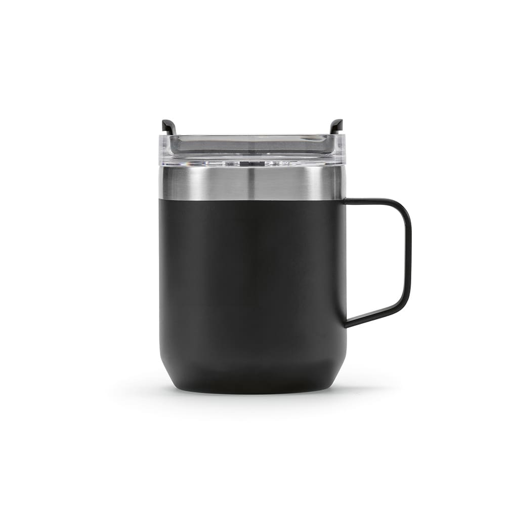 A drink bottle with a double wall, rotating lid, and a black exterior. It features a transparent top and a handle.