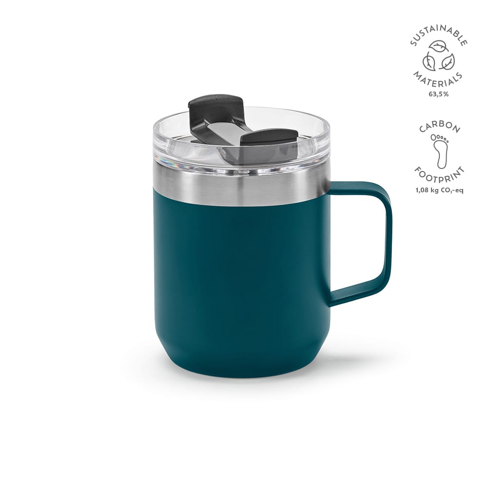 A drink bottle with a teal exterior, stainless steel rim, and a black rotating lid. Includes a handle and a logo.