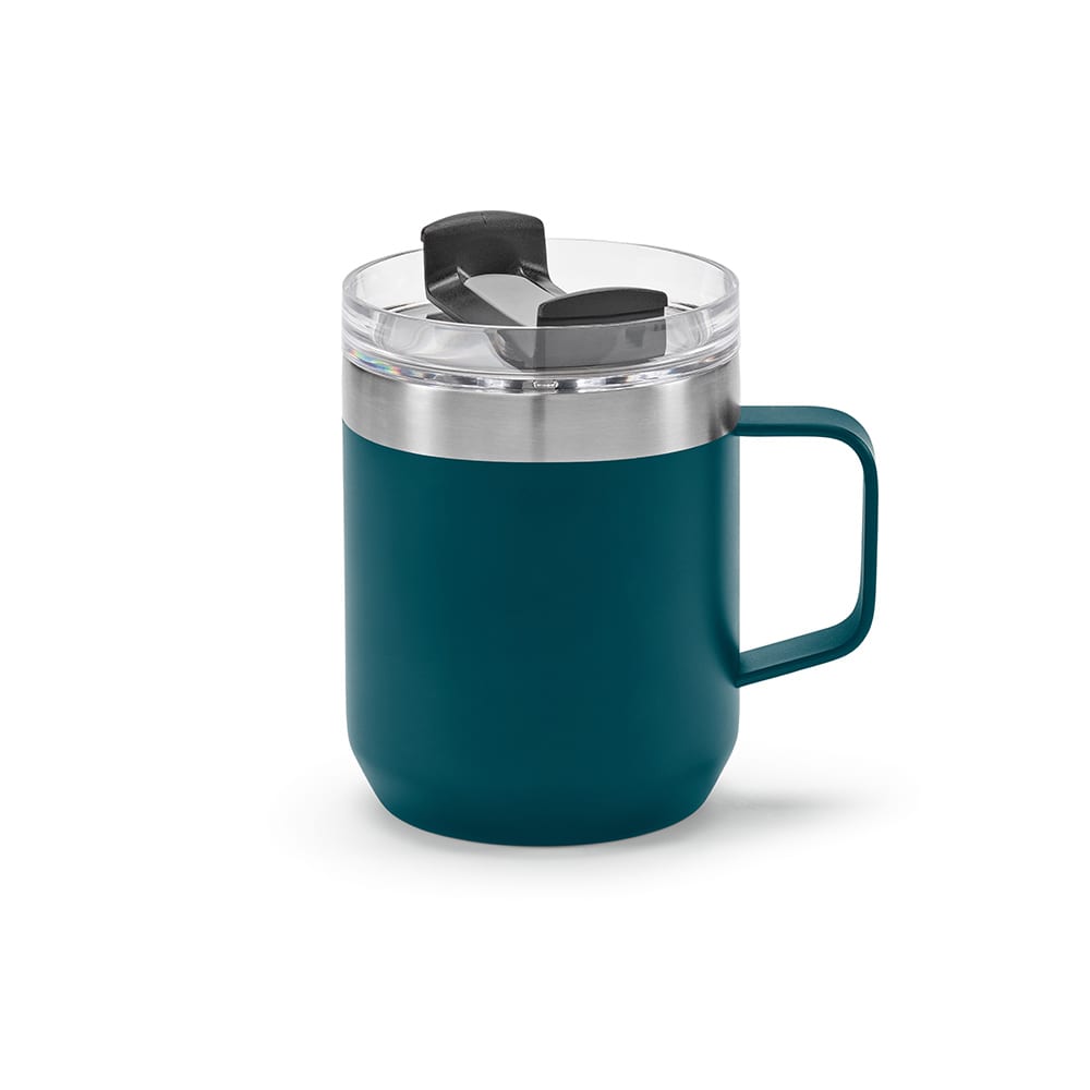 A drink bottle featuring a teal body, double wall design, and a transparent rotating lid with a black cap.