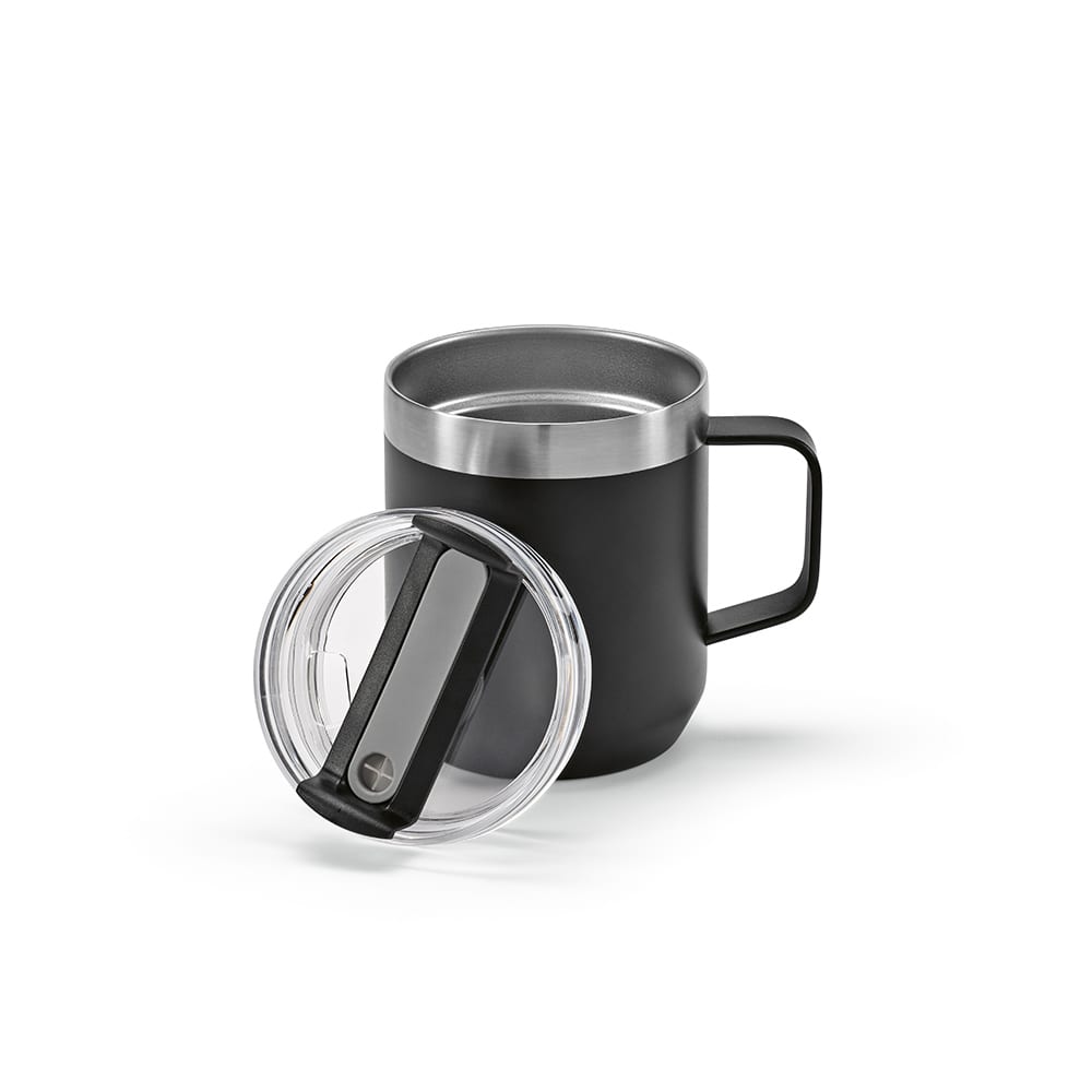 A drink bottle in matte black with a stainless steel interior and a transparent rotating lid, featuring a handle.
