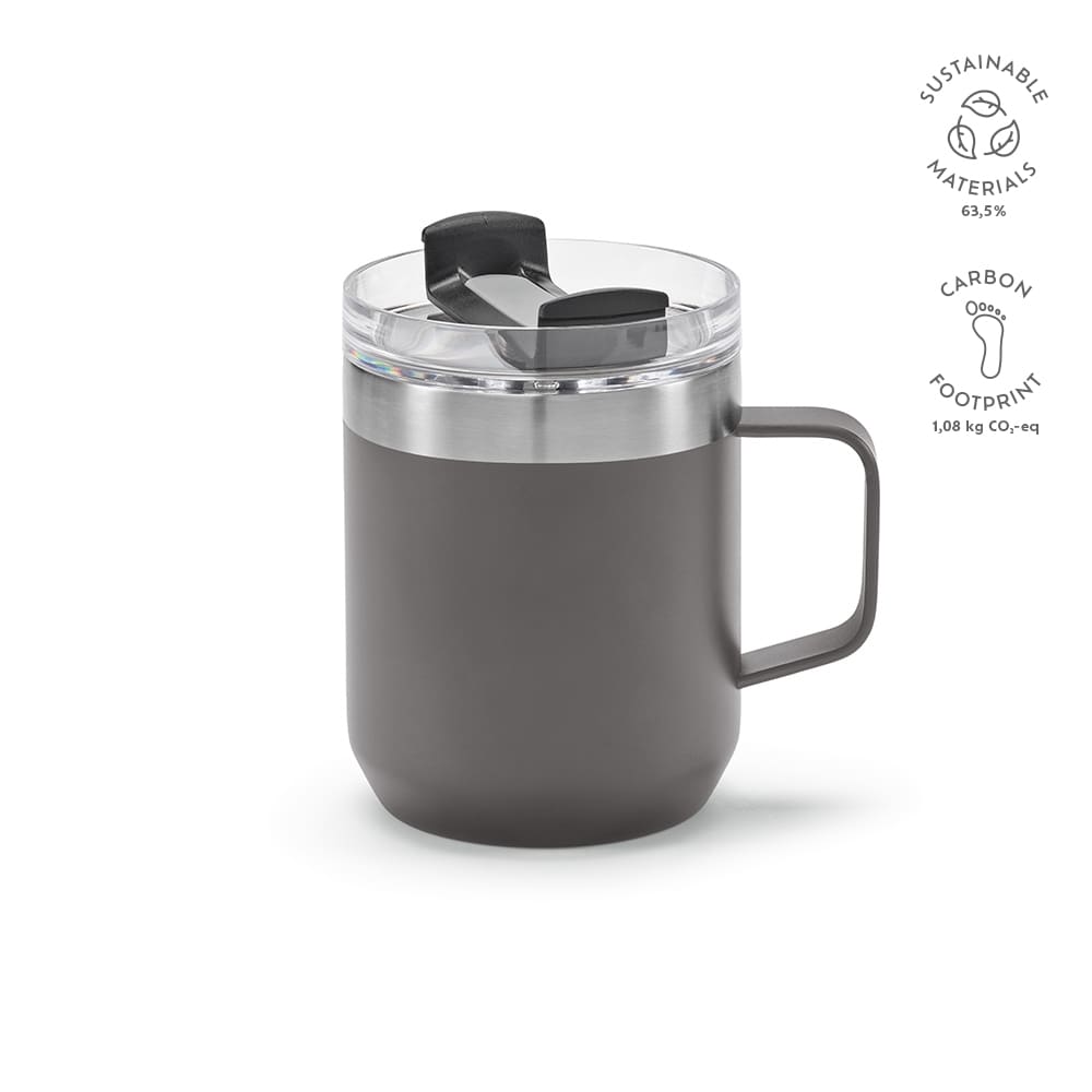 A drink bottle with a double wall, rotating lid, in grey with a transparent top and a handle, featuring a logo.