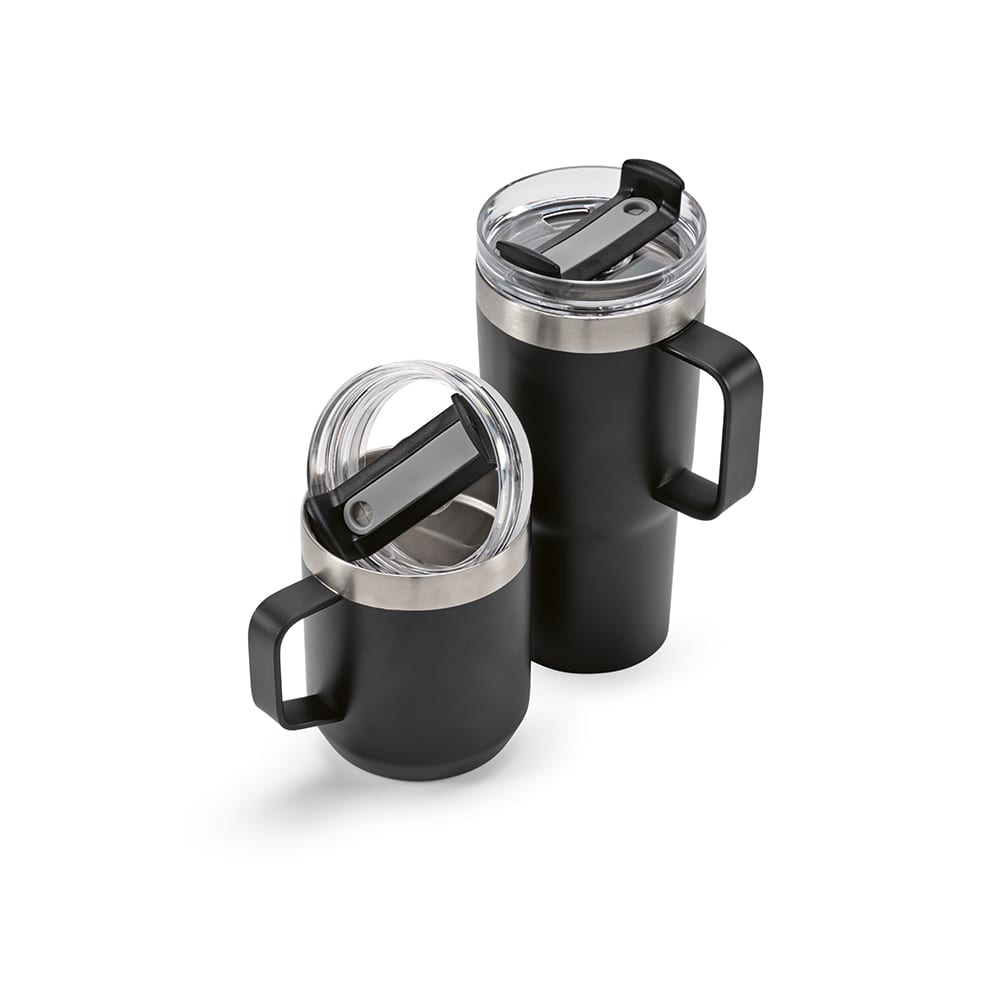A drink bottle set featuring two black mugs with a stainless steel band and transparent rotating lids.