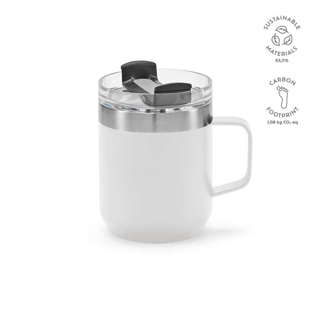A drink bottle with a white exterior, double wall, rotating lid, and a handle. It features a logo.