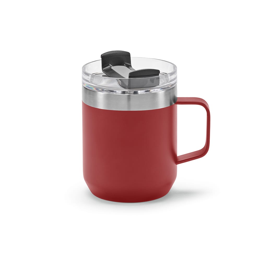 A drink bottle in red with a stainless steel band, double wall design, and a rotating lid. Features a handle and logo.