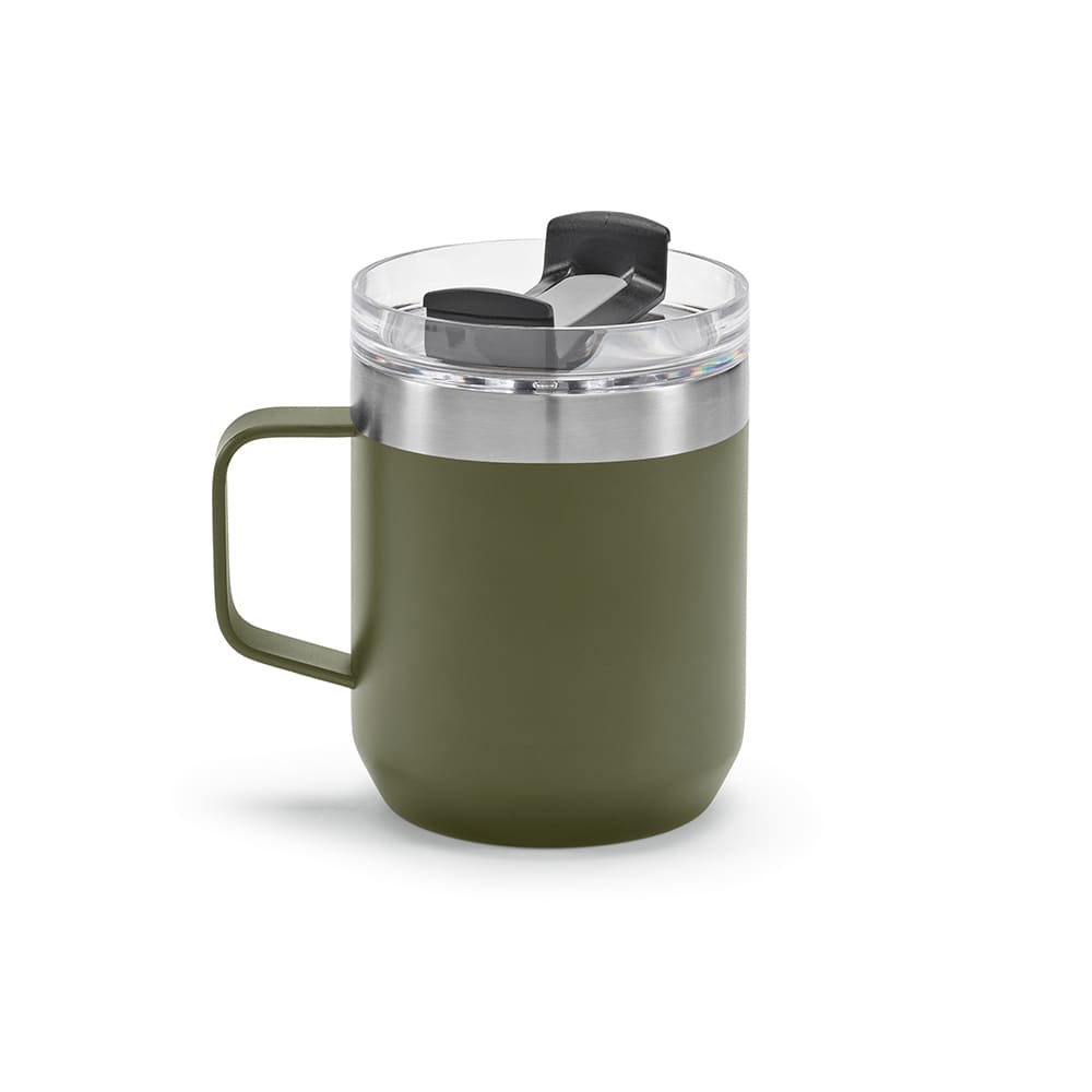 A drink bottle with a double wall design, rotating lid, and an olive green finish, featuring a handle and a logo.