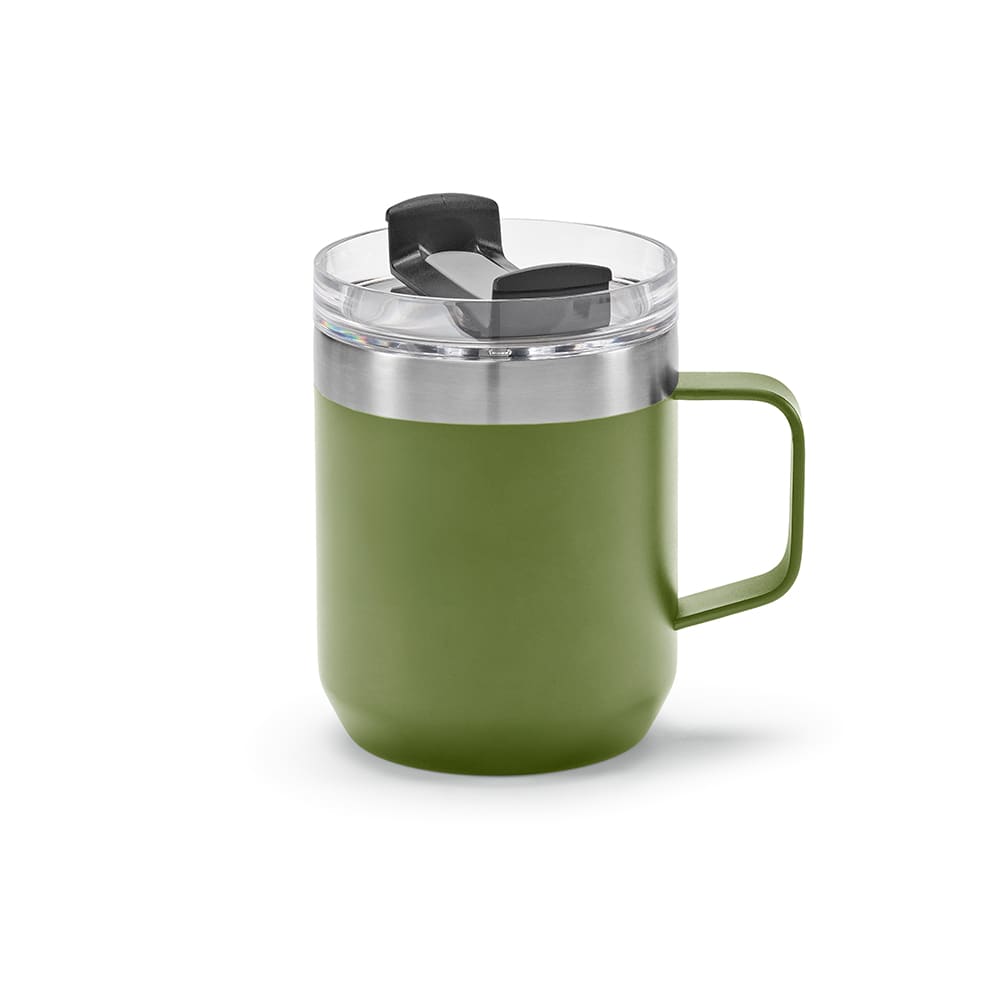 A drink bottle with a double wall design, rotating lid, and a green exterior. It features a clear top and handle.