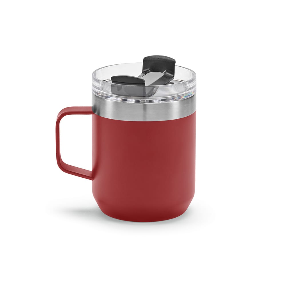 A drink bottle featuring a red double-wall design with a clear rotating lid and a sturdy handle. It has a logo on it.