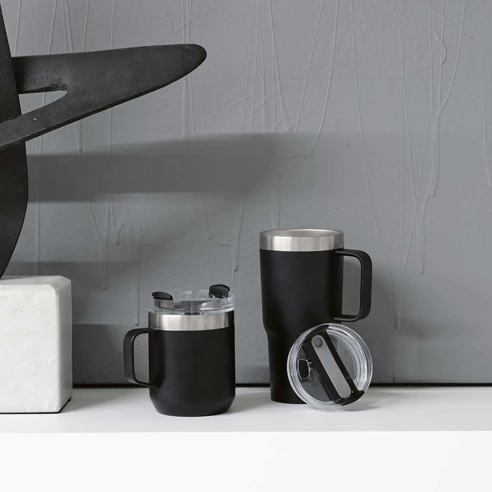 A drink bottle collection featuring black mugs with stainless steel tops and a rotating lid, set against a grey background.
