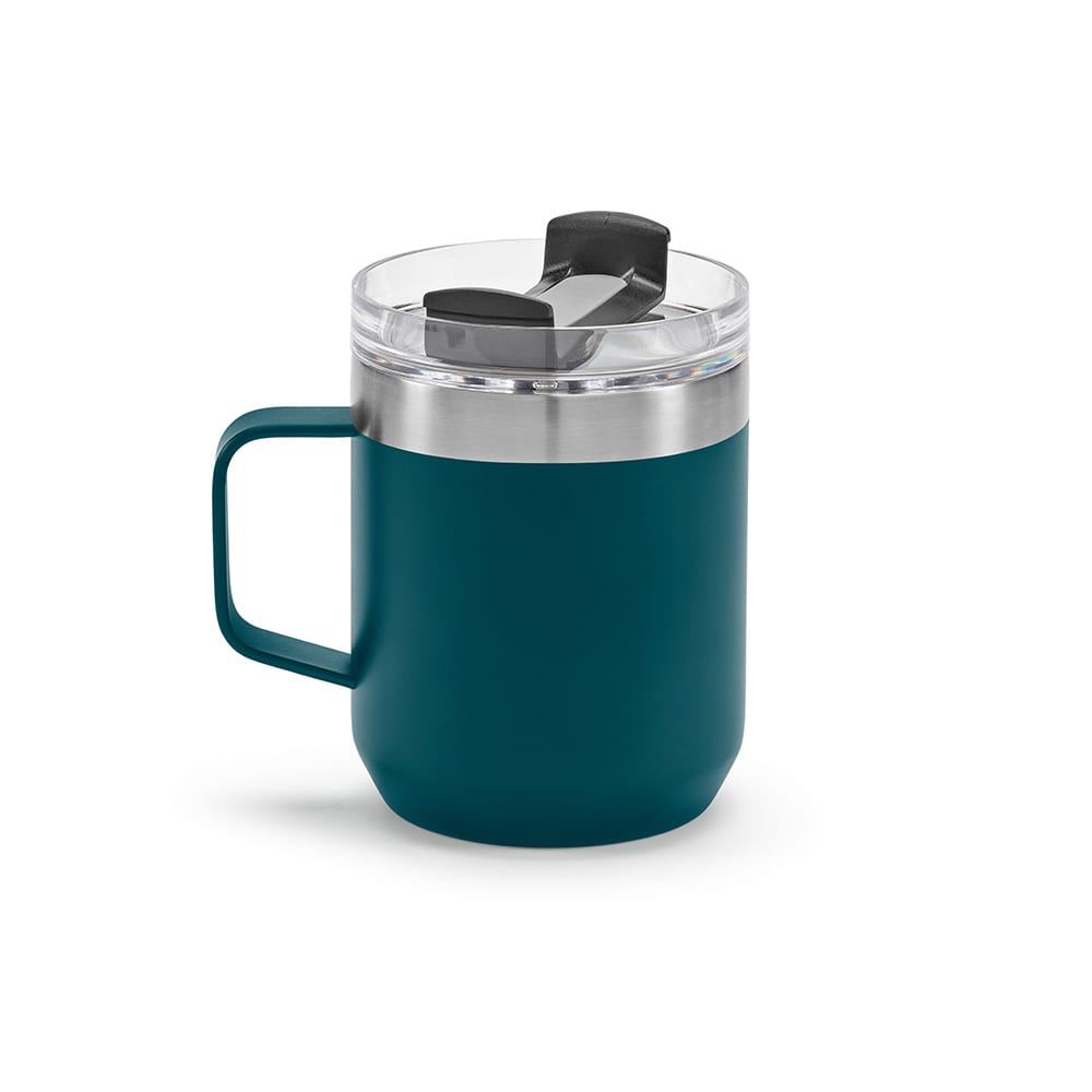 A drink bottle featuring a teal body, double wall construction, and a rotating lid, with a carrying handle.