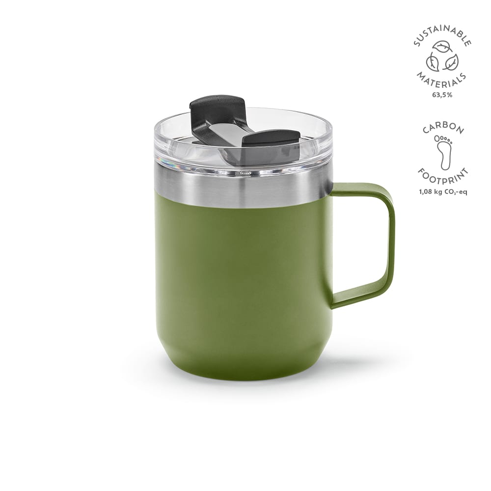 A drink bottle in green with a stainless steel band and a black rotating lid, featuring a handle and a logo.