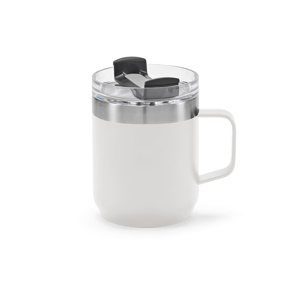 A drink bottle featuring a white exterior, stainless steel rim, and a transparent rotating lid. It has a handle and a logo.