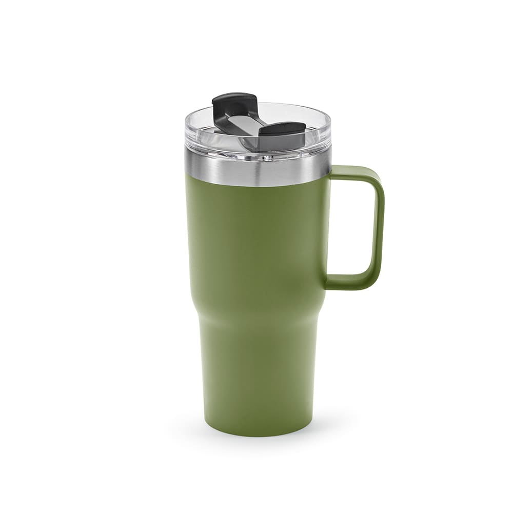 A drink bottle with a double wall design, rotating lid, and a green body. Features a handle and a logo.