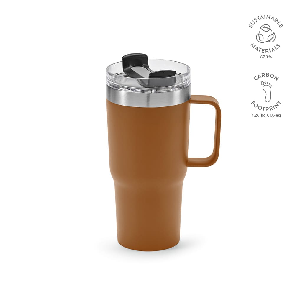 A drink bottle in brown with a double wall, rotating lid, and handle. Features a transparent top and a logo.