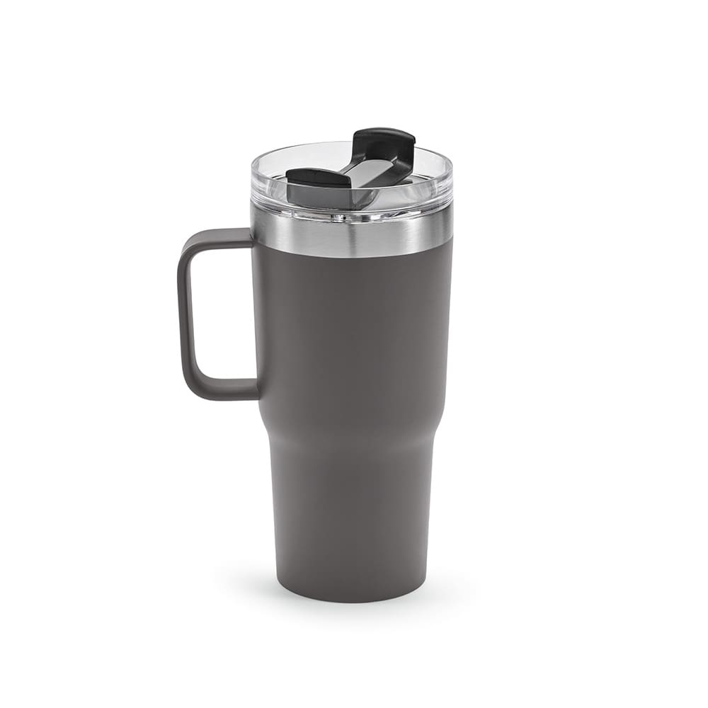 A drink bottle in matte dark grey with a double wall, rotating lid, and a sturdy handle. It features a logo.