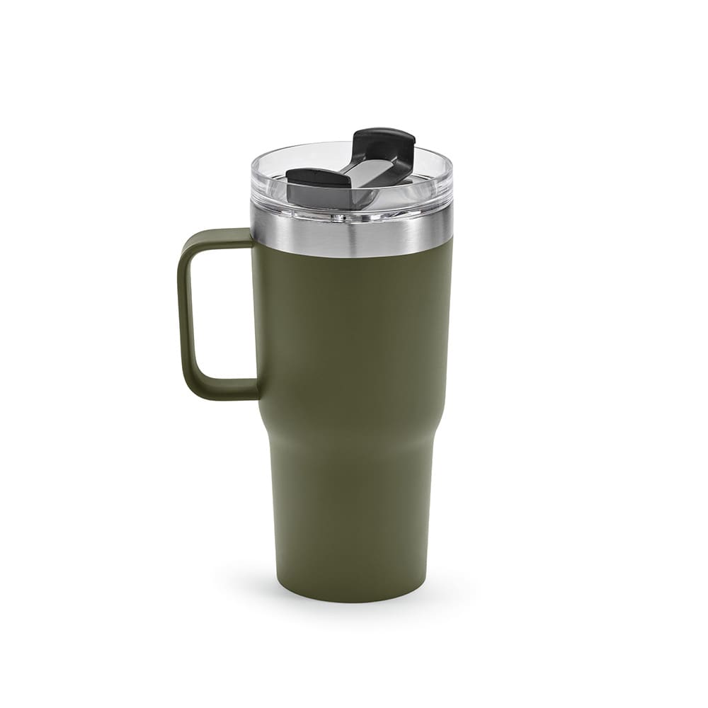 A drink bottle in olive green with a double wall, rotating lid, and a sturdy handle. It features a logo on the side.