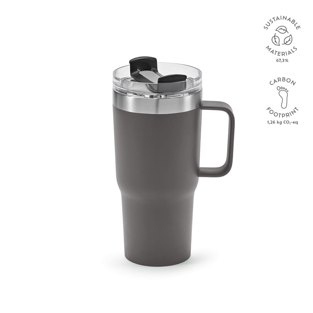 A drink bottle featuring a dark grey exterior, double wall design, rotating lid, and a sturdy handle.
