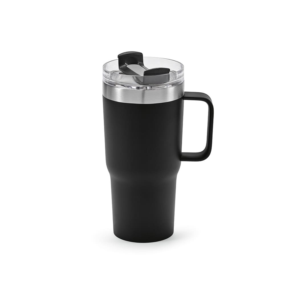 A drink bottle featuring a black body, double wall design, rotating lid, and clear transparent top, with a handle.