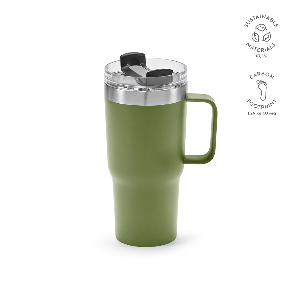 A drink bottle in matte green with a transparent rotating lid and a handle, featuring a logo.