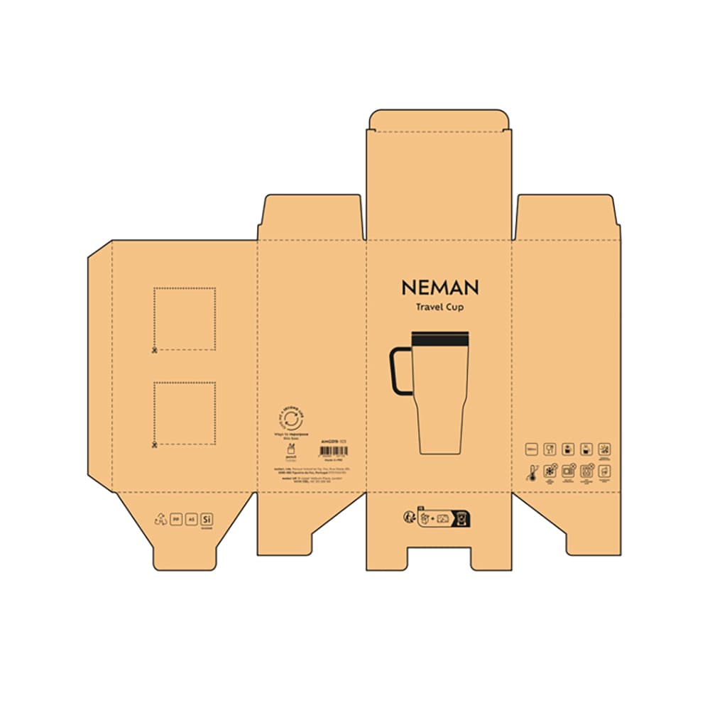 A packaging design for the Neman Mug, featuring a beige colour with a graphic representation of the cup and a logo.