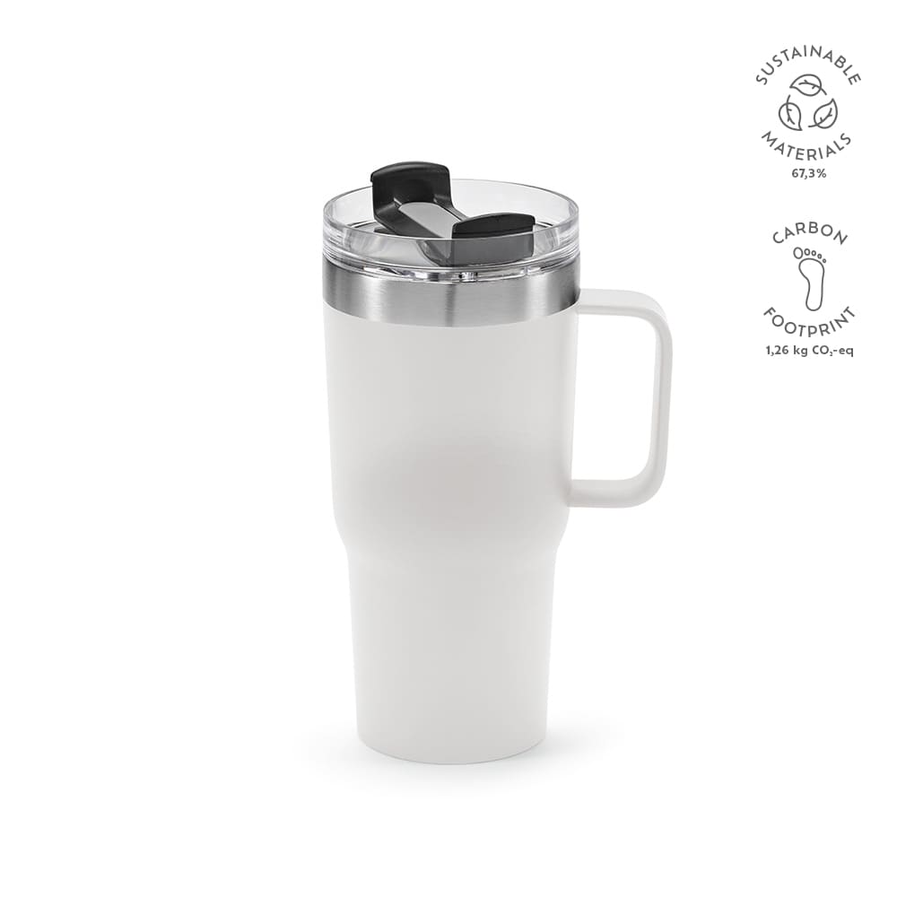 A drink bottle with a white double wall, rotating lid, and handle, featuring a stainless steel accent and a logo.