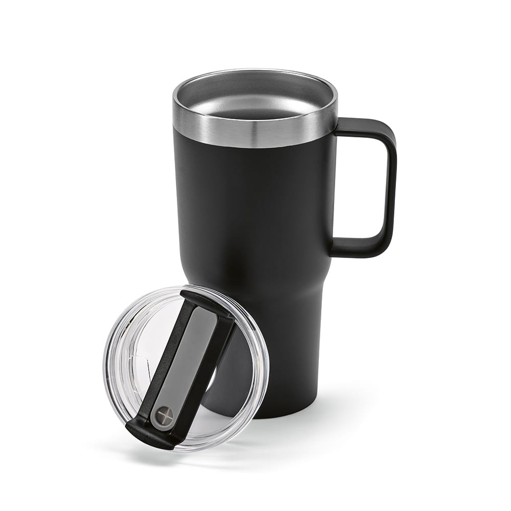 A drink bottle featuring a black double-wall design, a stainless steel rim, and a transparent rotating lid.