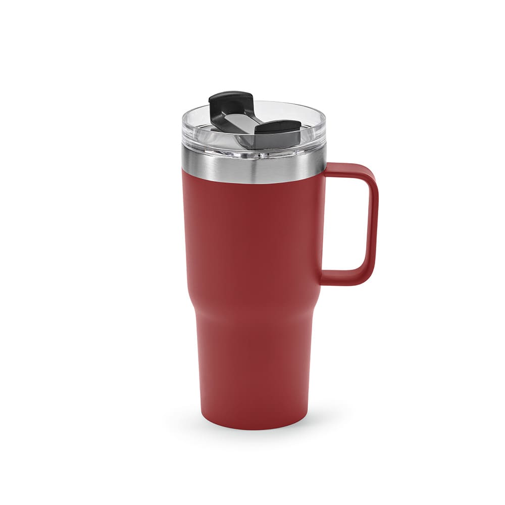 A drink bottle in a deep red colour featuring a double wall, rotating lid, and a handle. It includes a logo.