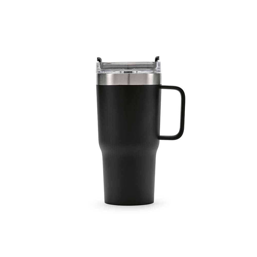 A drink bottle in matte black with a double wall, rotating lid, and a sturdy handle. It features a logo.