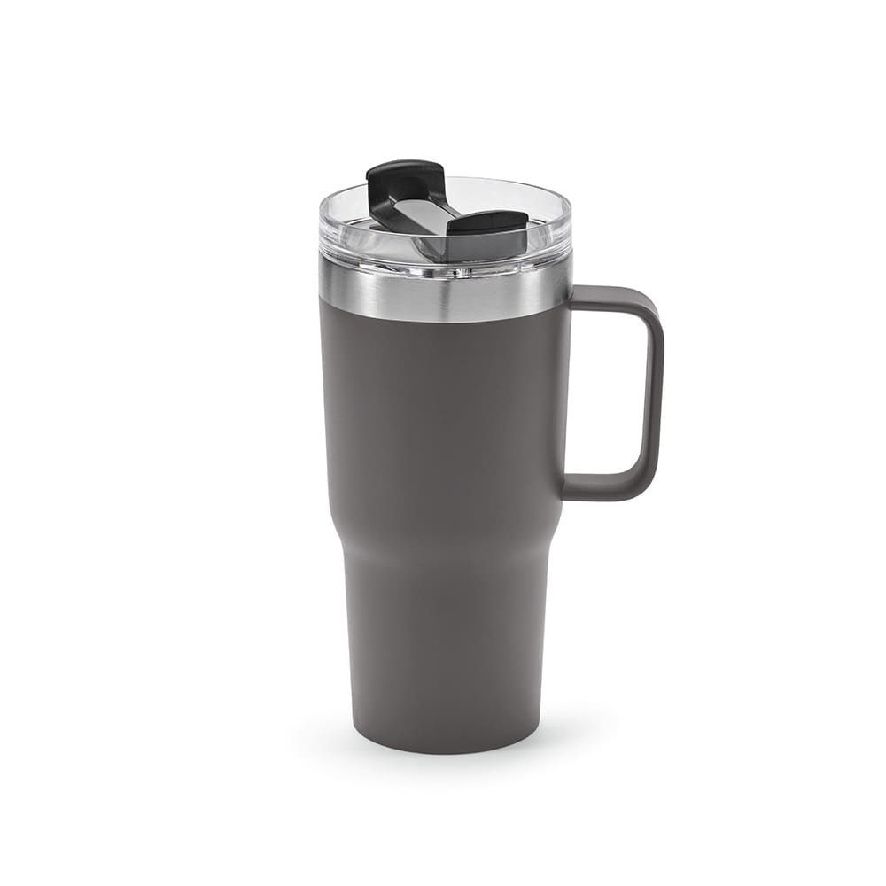 A drink bottle with a dark grey exterior, double wall, rotating lid, and a handle for easy grip.