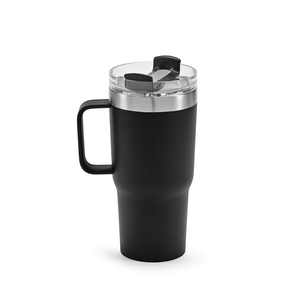 A drink bottle with a double wall, rotating lid, and a matte black finish. It features a handle and a logo.